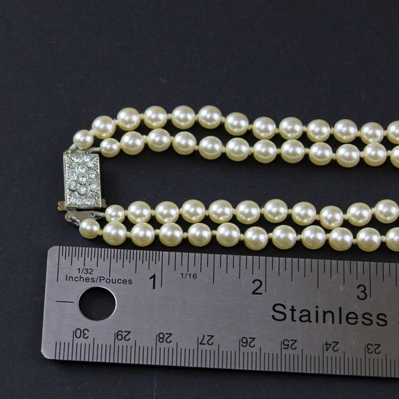 Mid Century Faux Pearl Double Strand Necklace, Rectangular Fish Hook Clasp J18 - Picture 2 of 8